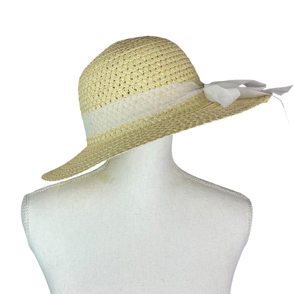 Straw Sun Garden Beach Hat Floppy Wide Brim White Ribbon Neutral Yellow Women OS - Picture 10 of 16